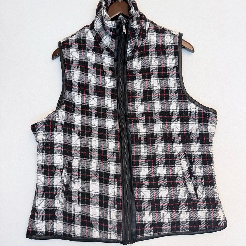 OBEY Womens L Plaid Quilted Vest Black White Red Faux Leather Trim Fall